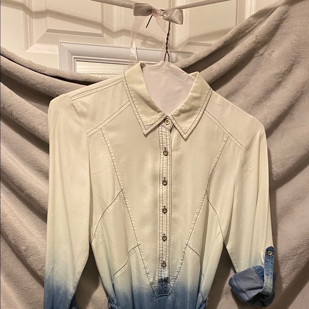 Collared Buttoned LS Blue/off-White Dress w/ belt